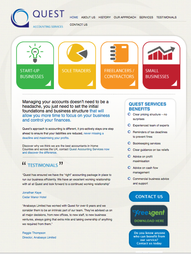 Quest accountancy website design, bespoke website design from Mushroom Internet Ltd brand devlopment stroud, digital marketing Gloucestershire